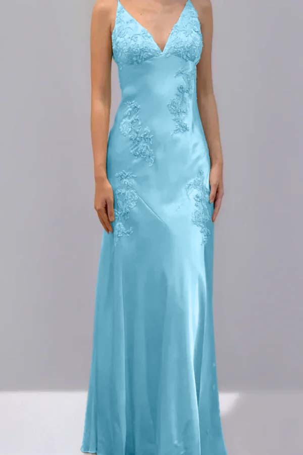 Spaghetti Strap V Neck Sleeveless Long Prom Dress With Appliques