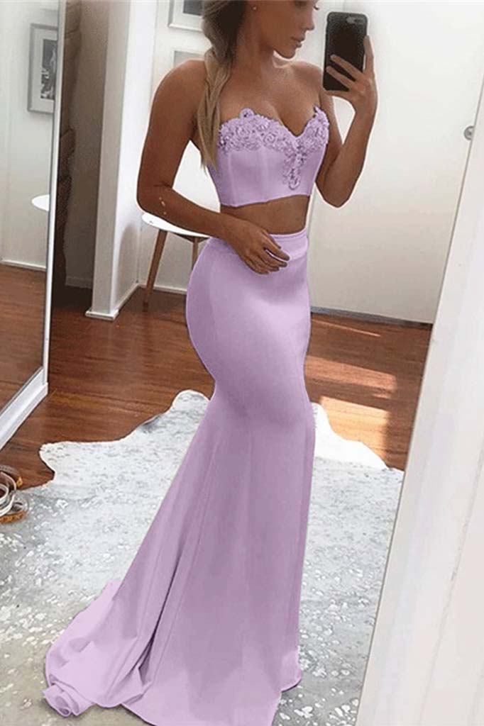 Two Pieces White Sweetheart Sleeveless Long Mermaid Prom Dress With Appliques