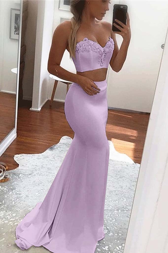 Two Pieces White Sweetheart Sleeveless Long Mermaid Prom Dress With Appliques