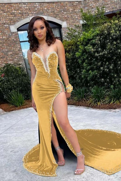 Chic Green V Neck Appliques Mermaid Prom Dress High Waist Beaded With Split