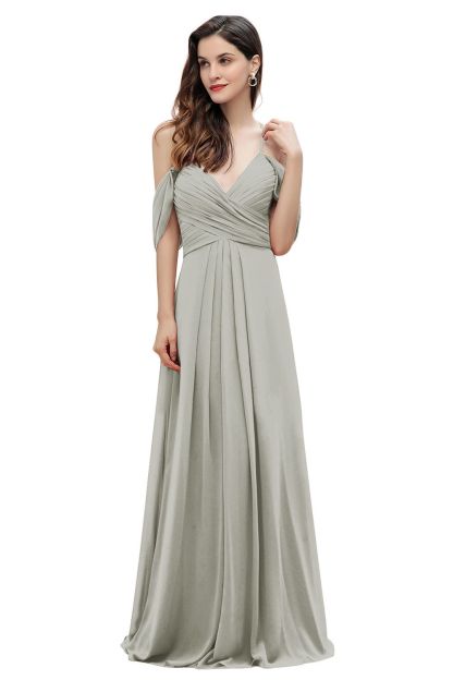 Elegant A-line Off-the-Shoulder V-neck Ruched Long Bridesmaid Dress-BMbridal