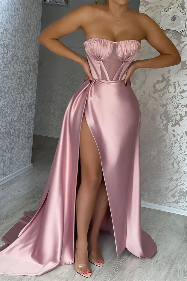 Sexy Pink Strapless Sleeveless Mermaid Prom Dress With Split Ruffles