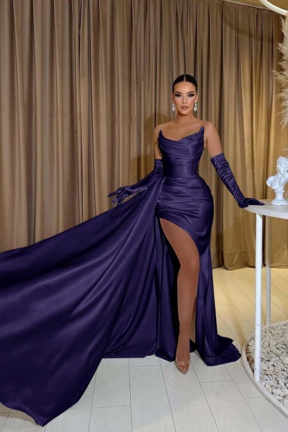 White Chiffon Strapless Sleeveless Split Mermaid Long Prom Dress With Gloves