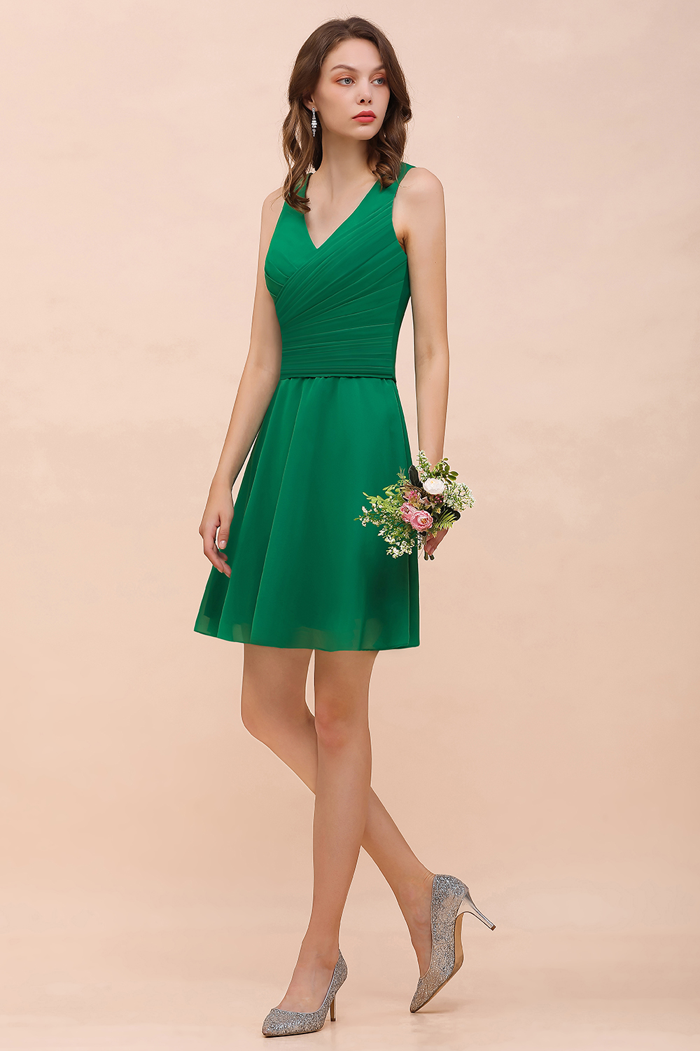 BMbridal Affordable V-Neck Sleeveless Ruffle Short Bridesmaid Dress-BMbridal