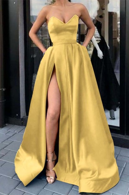 Sweetheart Strapless Sleeveless Long Prom Dress Purple Split With Pockets