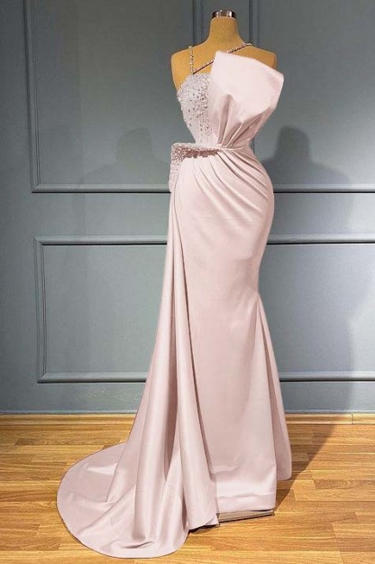 Pink Sleeveless Mermaid Spaghetti Strap Ruffles Prom Dress With Beadings