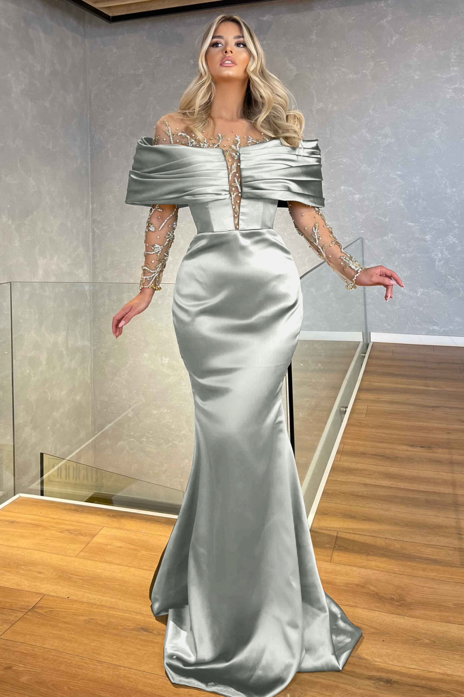 Green Prom Dress Off the Shoulder Long Sleeves Beading Embellished