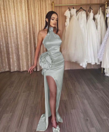 Orange Flower Halter Sleeveless High Split Prom Dress With Pleated