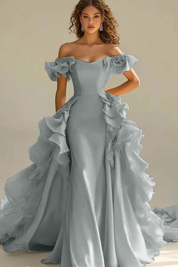 Off the Shoulder Sleeveless Long Mermaid Prom Dress With Ruffles