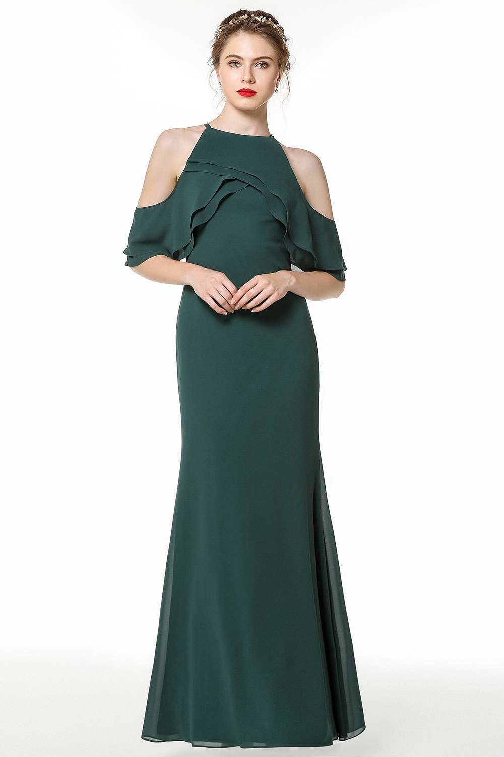 BMbridal Affordable Cold-shoulder Ruffle Dark Green Bridesmaid Dresses Online-BMbridal