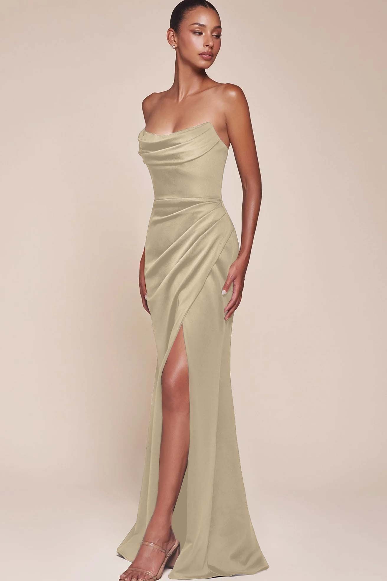 Strapless Sleeveless High Split Long Prom Dress With Pleated