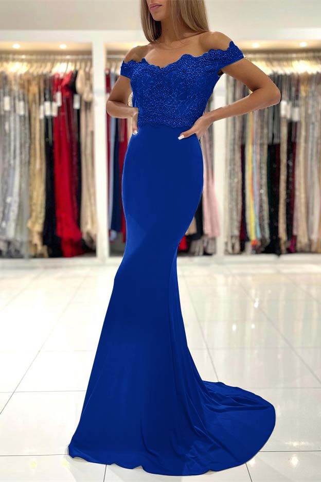 Mermaid Off the Shoulder Sleeveless Prom Dress Long With Lace Appliques