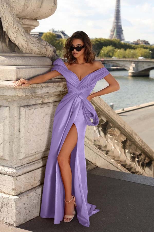 Off the Shoulder Sleeveless Long Mermaid Split Prom Dress With Pleated