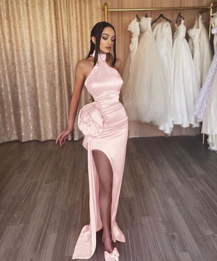 Orange Flower Halter Sleeveless High Split Prom Dress With Pleated