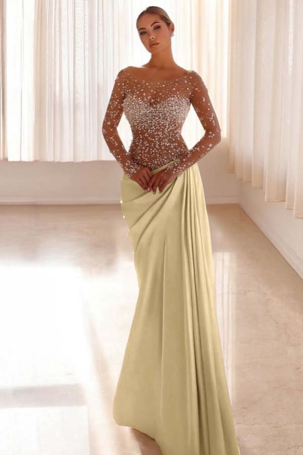Jewel Neck Long Sleeves Long Mermaid Prom Dress With Pleated