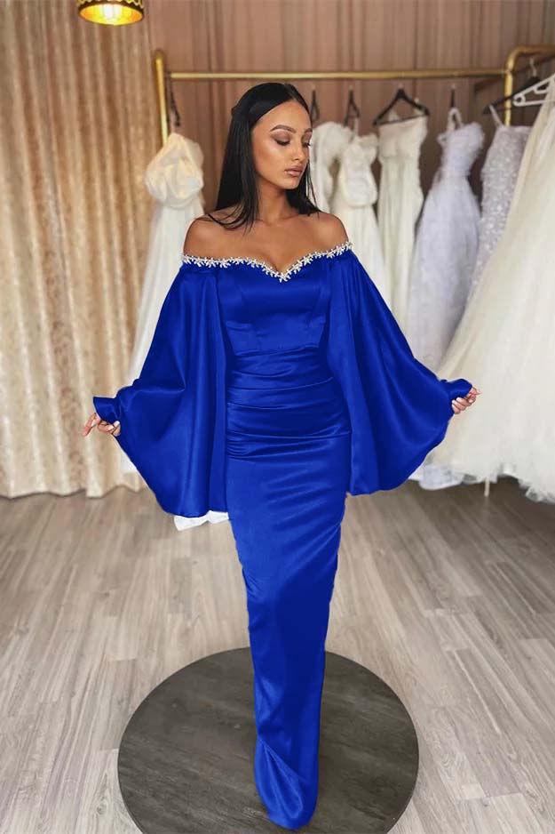 Off the Shoulder Long Sleeves Pleated Long Prom Dress With Beading