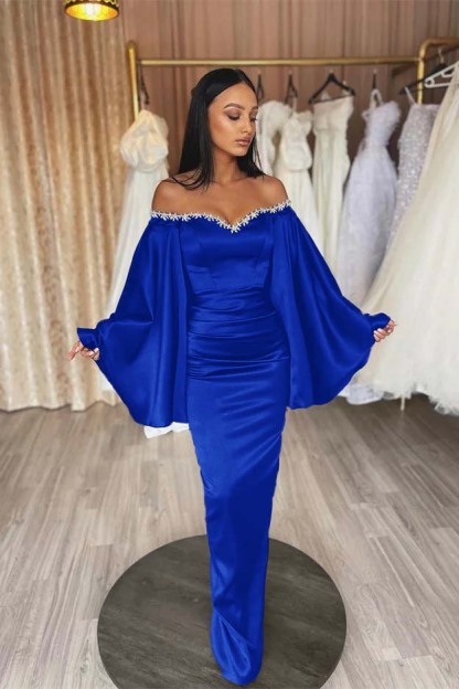 Off the Shoulder Long Sleeves Pleated Long Prom Dress With Beading