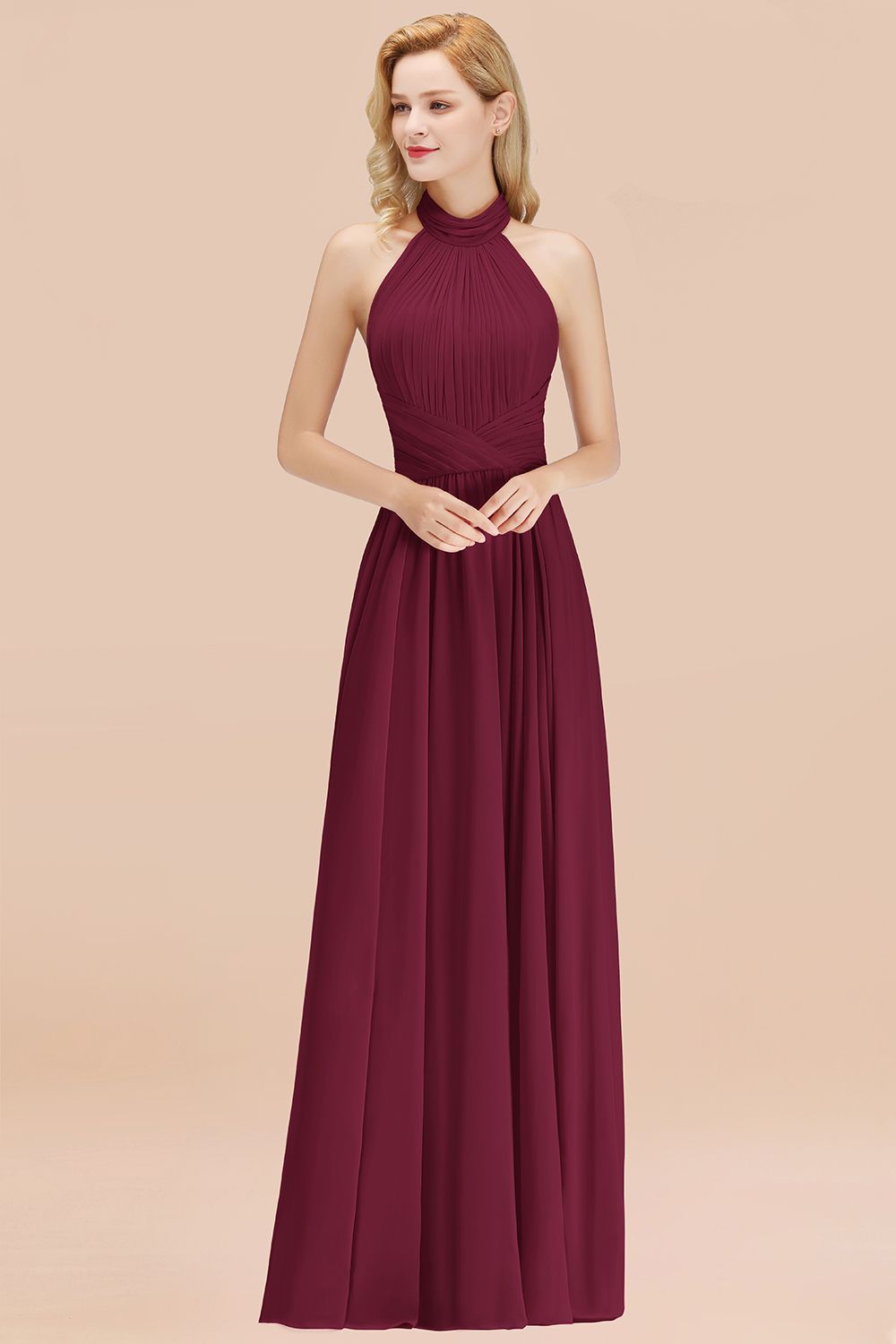 BMbridal Gorgeous High-Neck Halter Backless Bridesmaid Dress Dusty Rose Chiffon Maid of Honor Dress-BMbridal