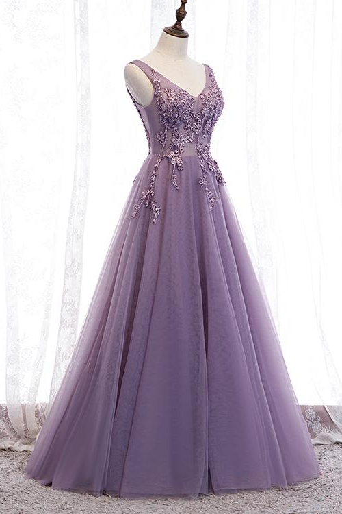 Glamorous Purple V Neck Sleeveless Long A Line Prom Dress With Appliques