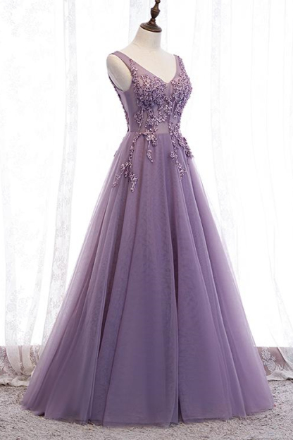 Glamorous Purple V Neck Sleeveless Long A Line Prom Dress With Appliques