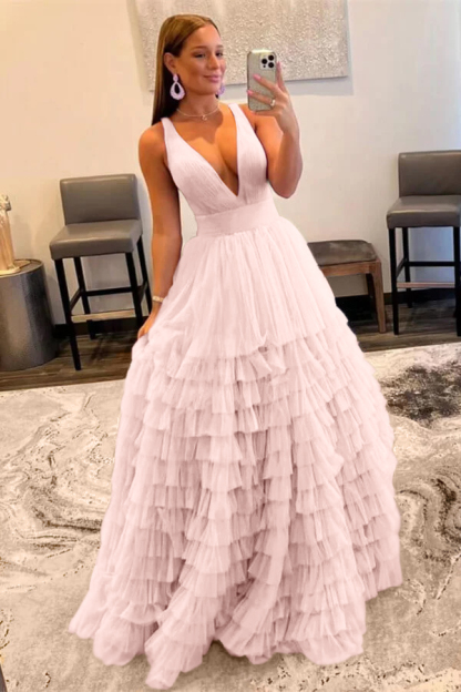 Elegant Deep V Neck Tulle layers Prom Dress With Sleeveless Online Lilac