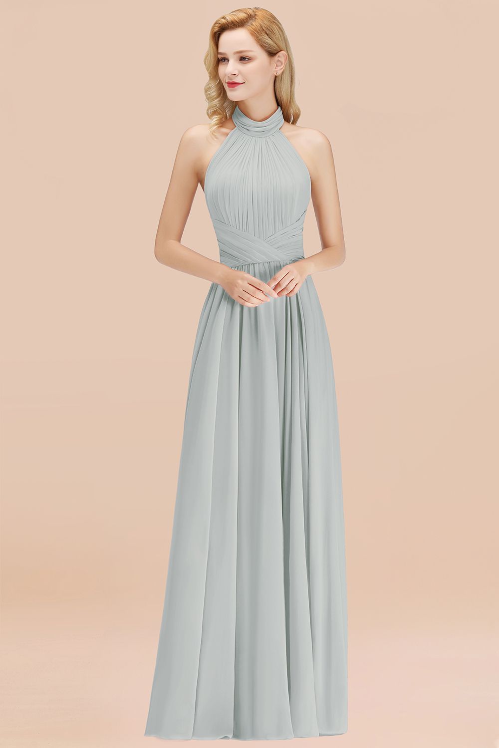 BMbridal Gorgeous High-Neck Halter Backless Bridesmaid Dress Dusty Rose Chiffon Maid of Honor Dress-BMbridal