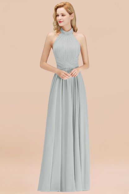 BMbridal Gorgeous High-Neck Halter Backless Bridesmaid Dress Dusty Rose Chiffon Maid of Honor Dress-BMbridal