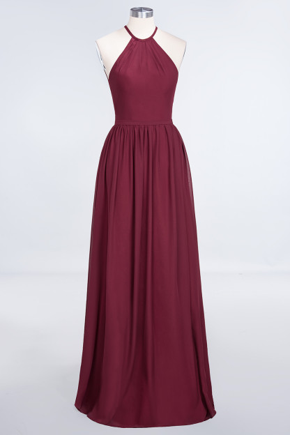 BMbridal Affordable Halter Sleeveless Long Burgundy Bridesmaid Dress with Ruffle-BMbridal