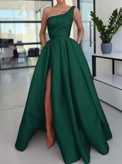 One Shoulder Sleeveless Long High Split Prom Dress With Pockets