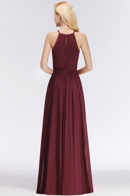 BMbridal Affordable Halter Bow Long Bridesmaid Dress Modest Burgundy Chiffon Wedding Party Dress-BMbridal