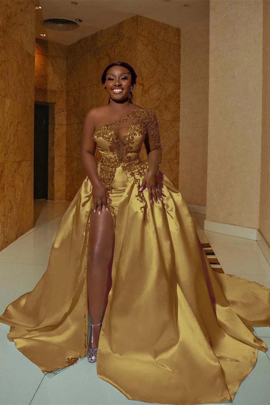 One Shoulder Sleeveless Long Split Prom Dress With Appliques