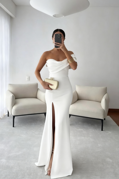 One Shoulder Sleeveless Long Mermaid Prom Dress With Split Pleated