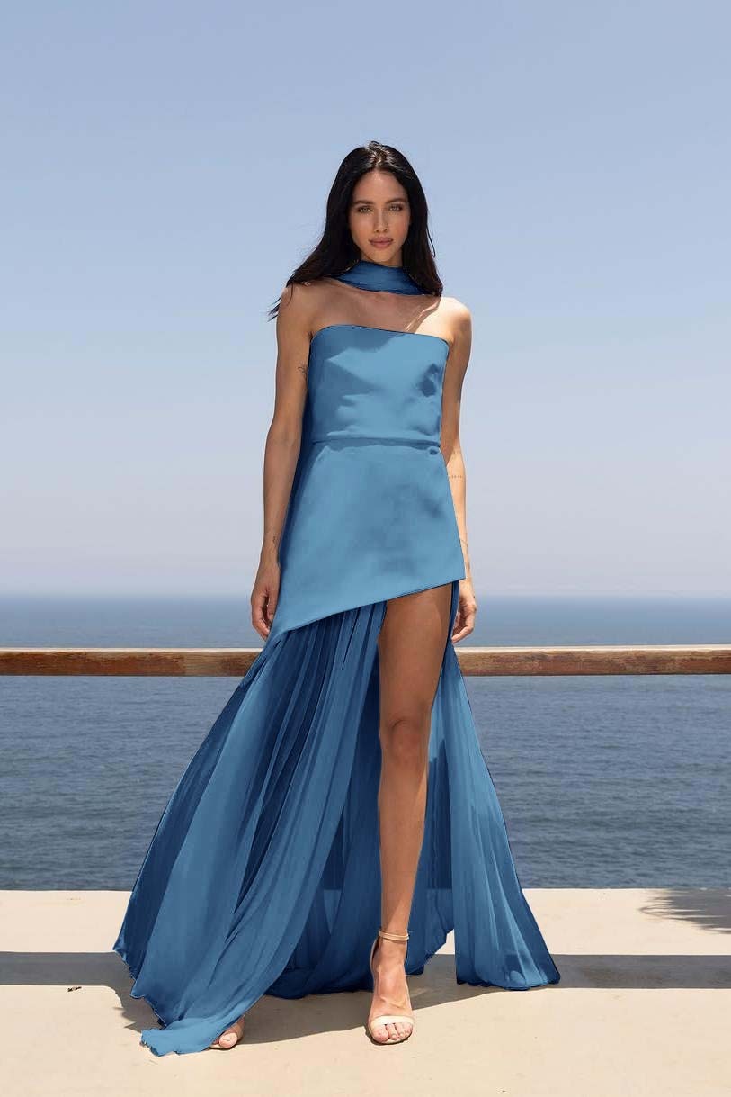 Strapless Sleeveless Split Long Prom Dress With Pleated Tulle