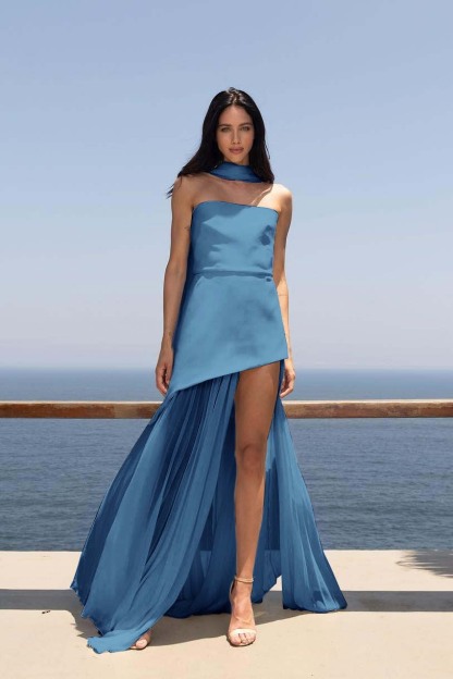 Strapless Sleeveless Split Long Prom Dress With Pleated Tulle