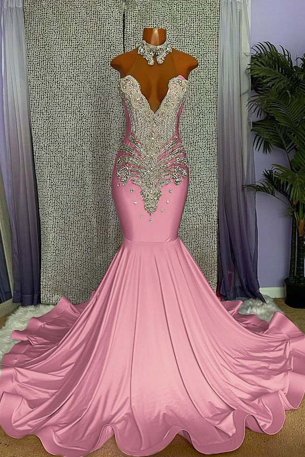Mermaid Pink High Neck Sleeveless Prom Dress Beaded With Appliques