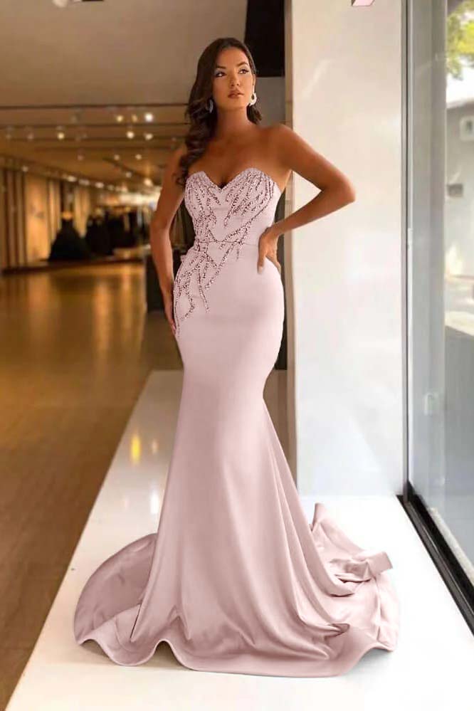 Pretty Strapless Sweetheart Sleeveless Long Mermaid Prom Dress With Beadings