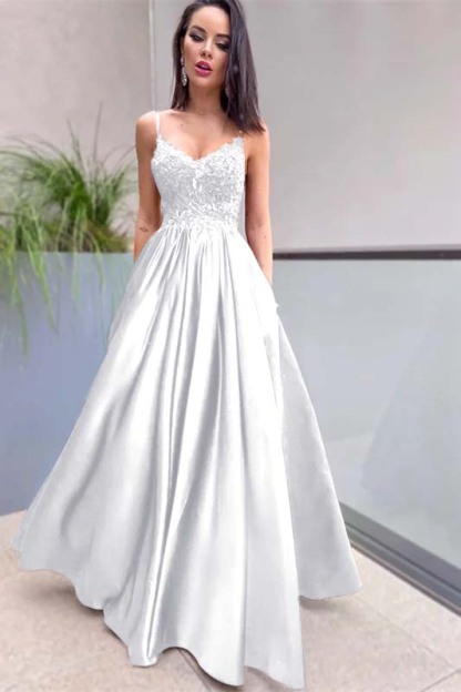 Royal Blue Sleeveless Lace A Line Long Prom Dress Appliques With Pockets