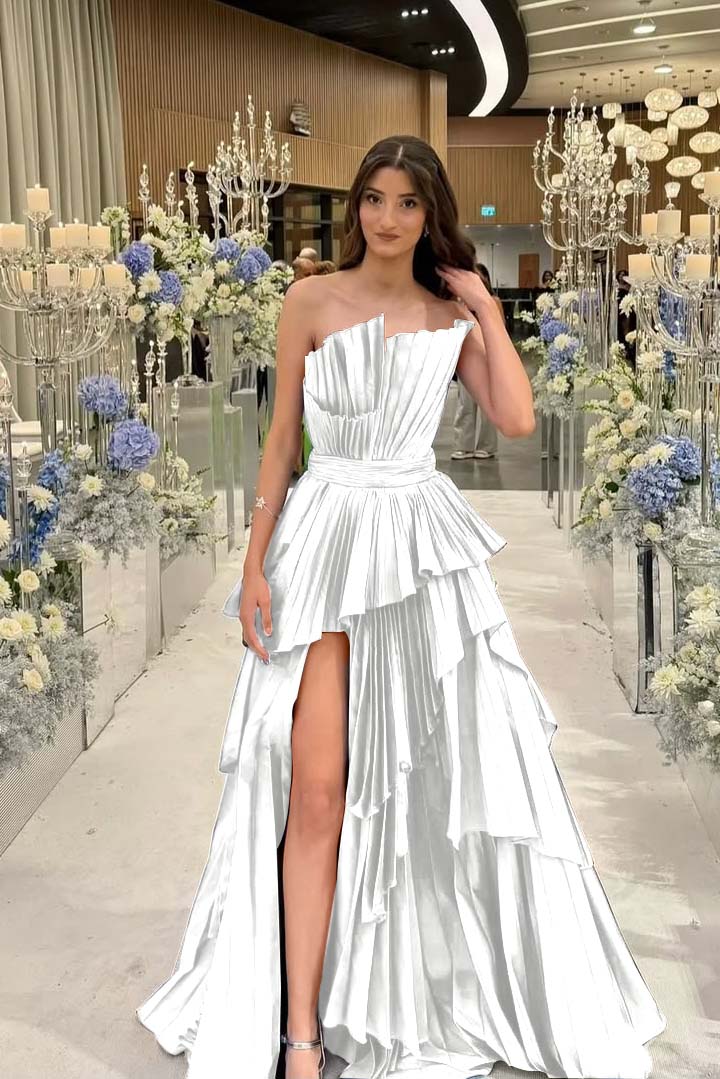 Charming Strapless Sleeveless Long Split Prom Dress With Pleated