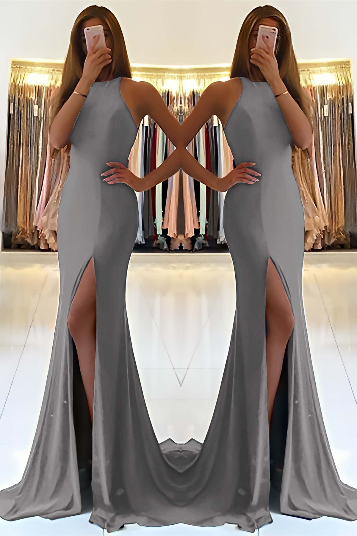 Stunning Royal Blue High Neck Sleeveless Long Mermaid Prom Dress With Split