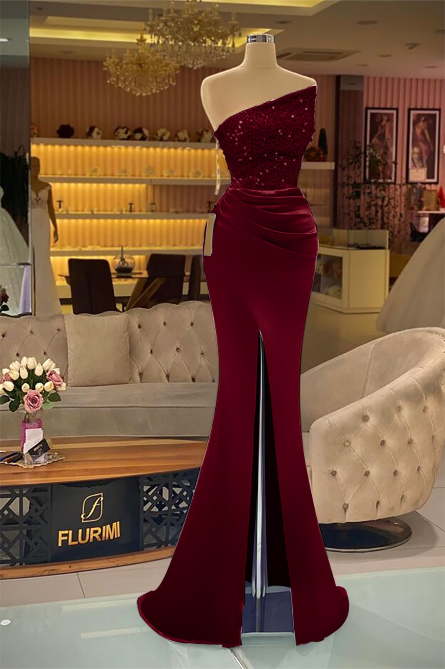 Sleeveless Strapless Mermaid Prom Dress Long Split With Sequins