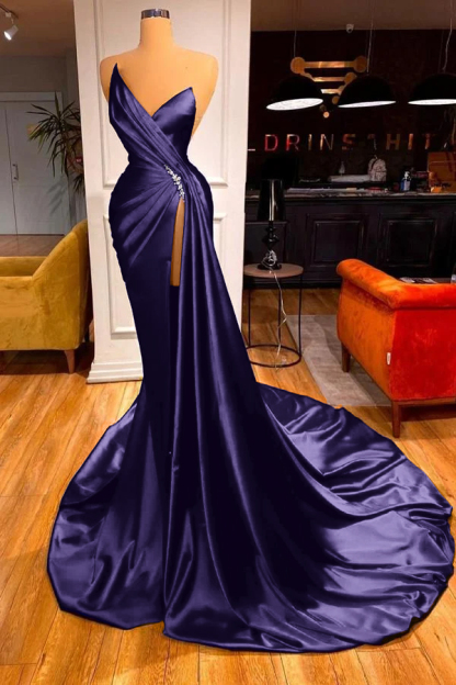 Strapless Sleeveless High Split Long Prom Dress With Beading