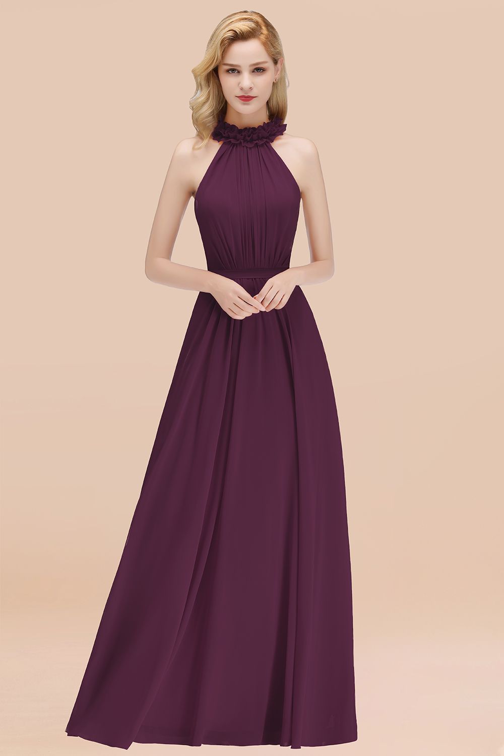 BMbridal Modest High-Neck Halter Ruffle Chiffon Bridesmaid Dresses Affordable-BMbridal
