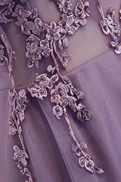 Glamorous Purple V Neck Sleeveless Long A Line Prom Dress With Appliques