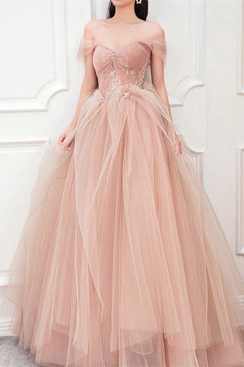 Pink Off the Shoulder Sleeveless Long Prom Dress Sweetheart With Pearls