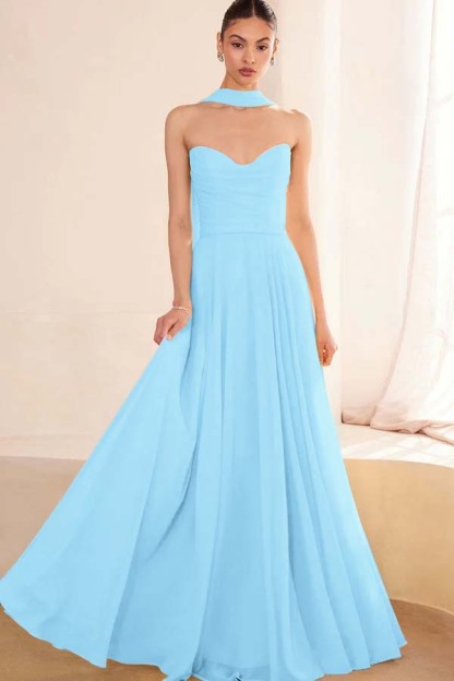 Chiffon Strapless Sleeveless Long A Line Prom Dress With Pleated
