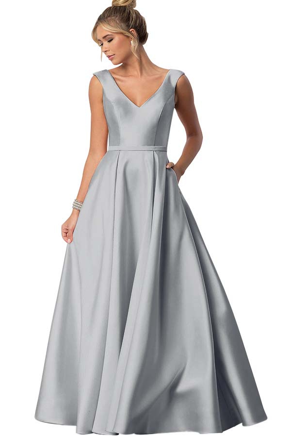 Straps V Neck Sleeveless Long Prom Dress With Pockets Pleated