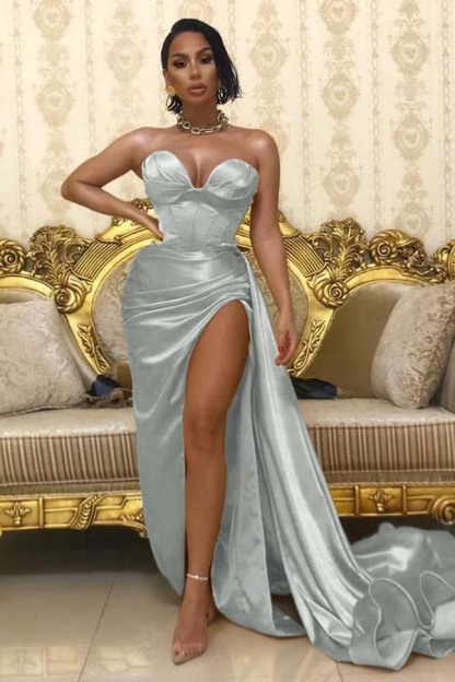 Long Sweetheart Sleeveless Strapless Pleated Long Prom Dress With High Split