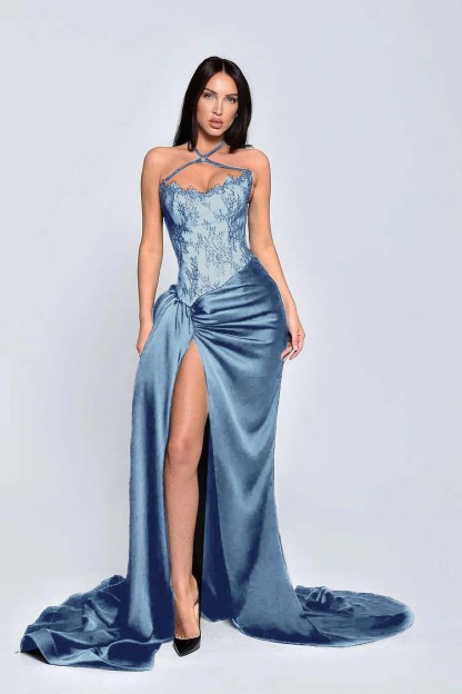 Black Halter Sleeveless Appliques Long Prom Dress With High Split