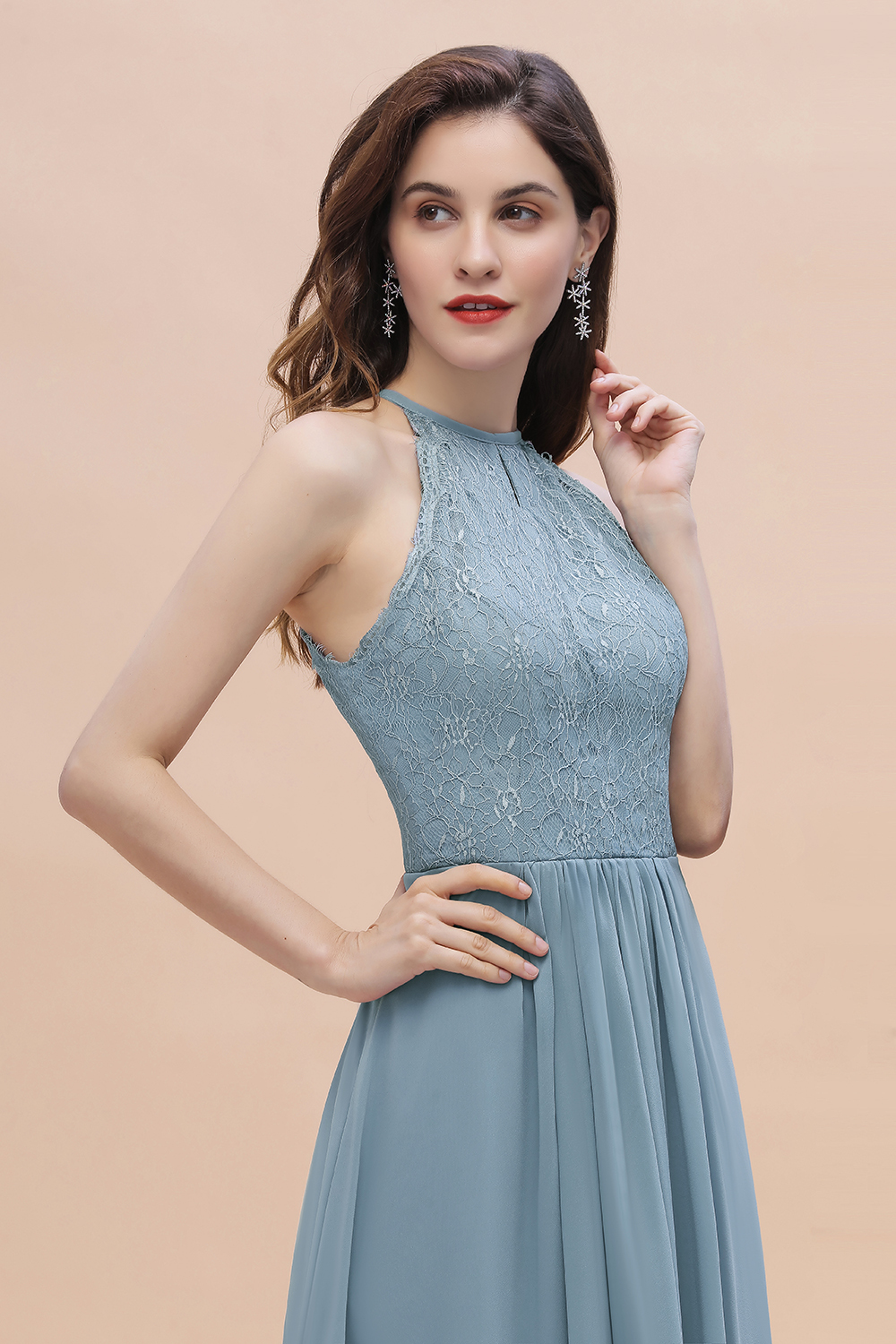 BMbridal Elegant Jewel Lace Appliques Dusty Blue Chiffon Bridesmaid Dress On Sale-BMbridal