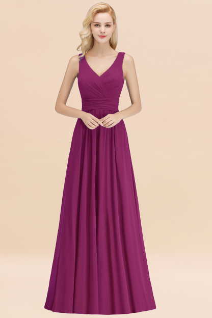 BMbridal Modest Sleeveless V-Neck Long Chiffon Bridesmaid Dress Online with Ruffle-BMbridal